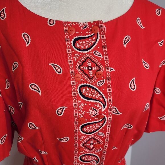 VINTAGE 90s dress Liz Claiborne red bandana print southwestern midi M - Picture 4 of 9